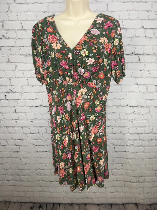 LOFT Olive Green Floral Viscose V Neck Short Sleeve Lined Midi Dress 10