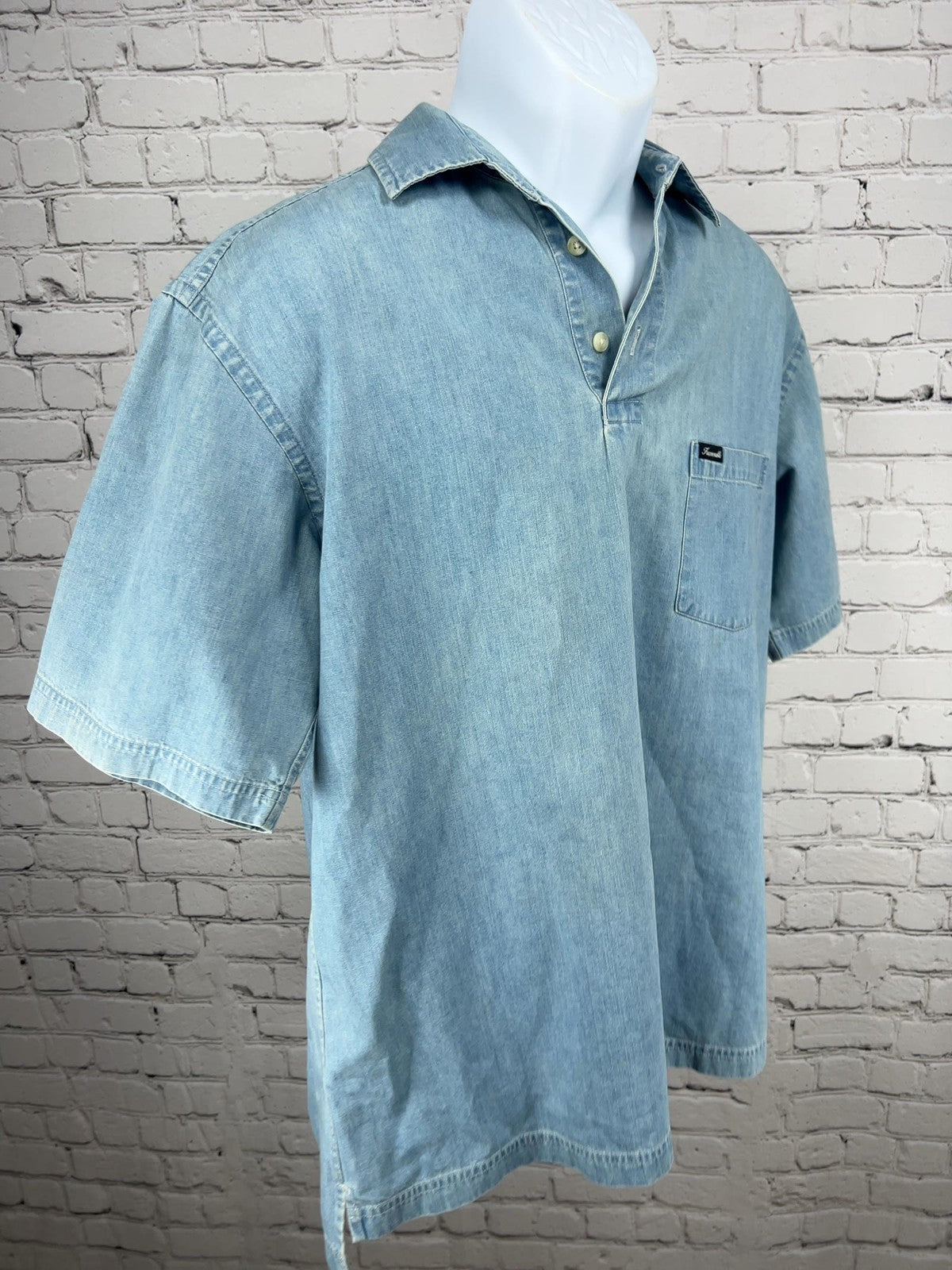 VTG Faconnable Light Wash Denim Popover Short Sleeve Pocket Shirt Mens M