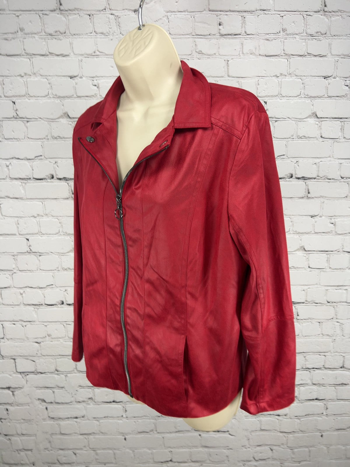 Allison Daley Red Faux Leather Full Zip Snap Collar Lined Jacket S