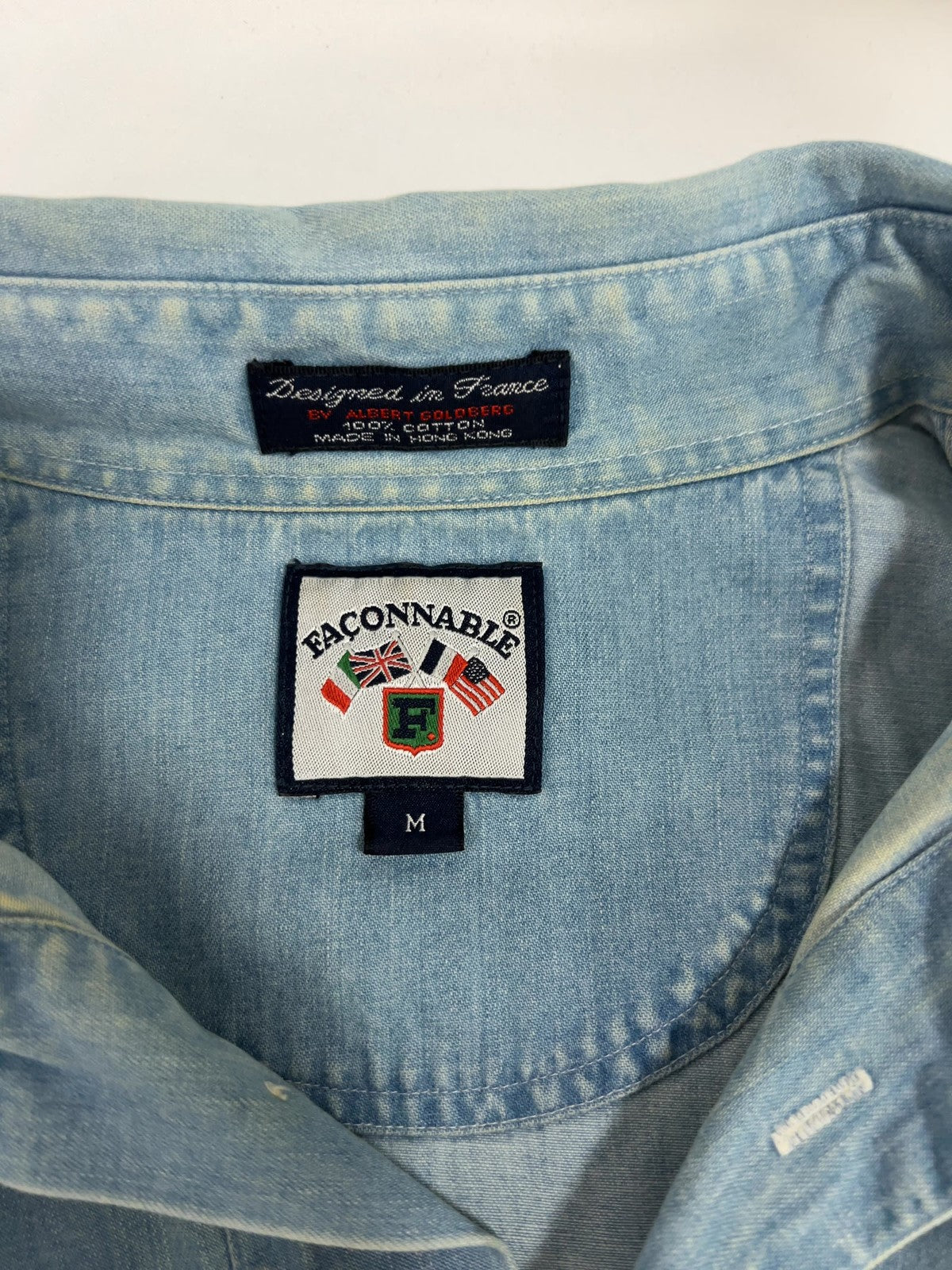 VTG Faconnable Light Wash Denim Popover Short Sleeve Pocket Shirt Mens M