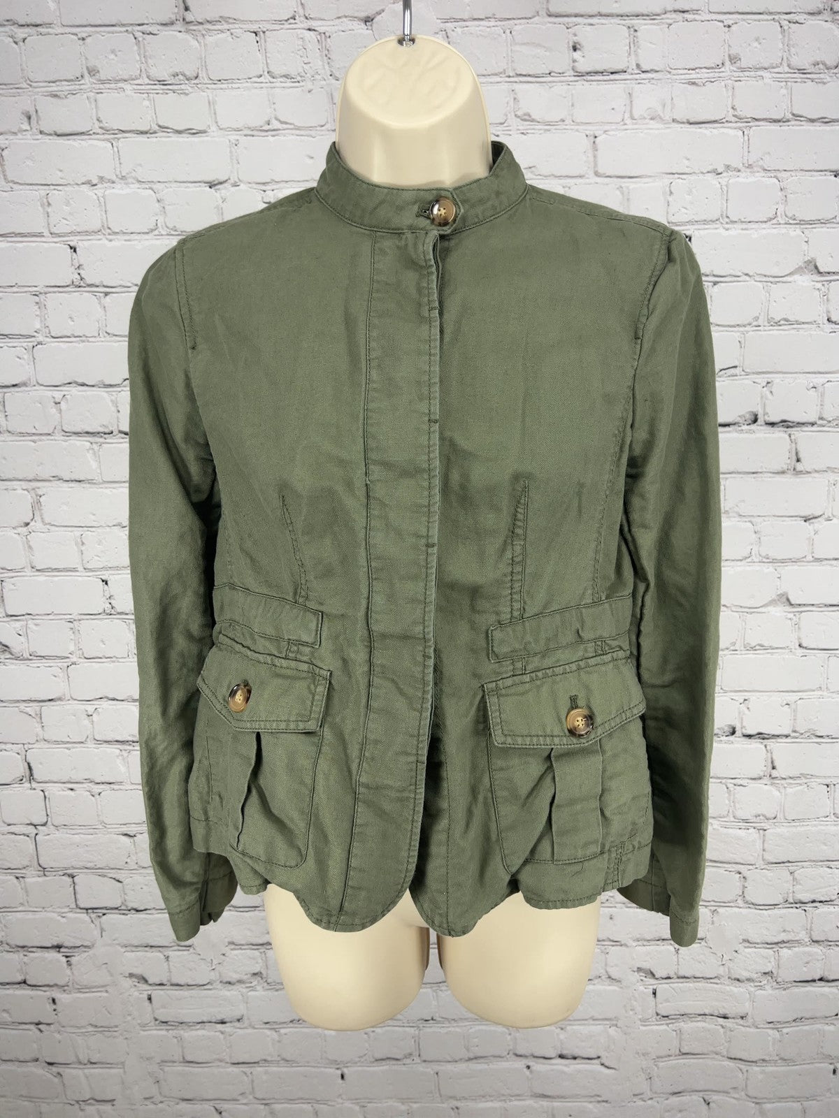 Talbots Petites Olive Green Linen Blend Stand Collar Utility Jacket SP