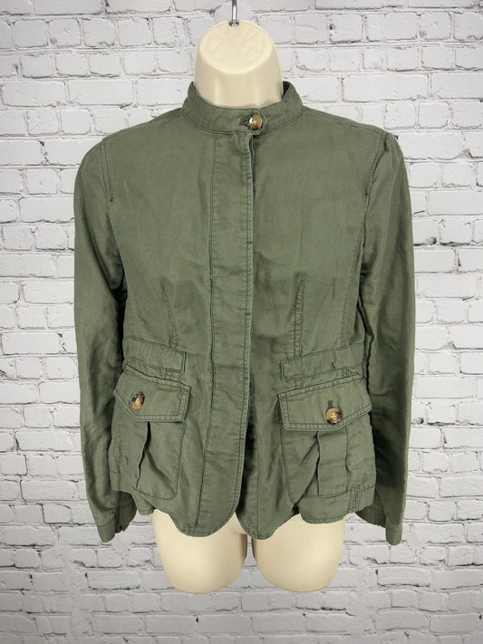 Talbots Petites Olive Green Linen Blend Stand Collar Utility Jacket SP