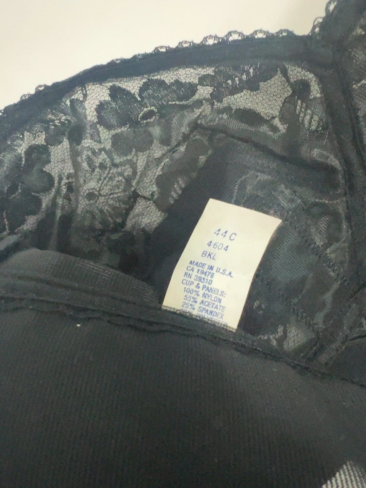 VTG Black Floral Lace Front Drawstring Full Coverage Bra Made USA 44C