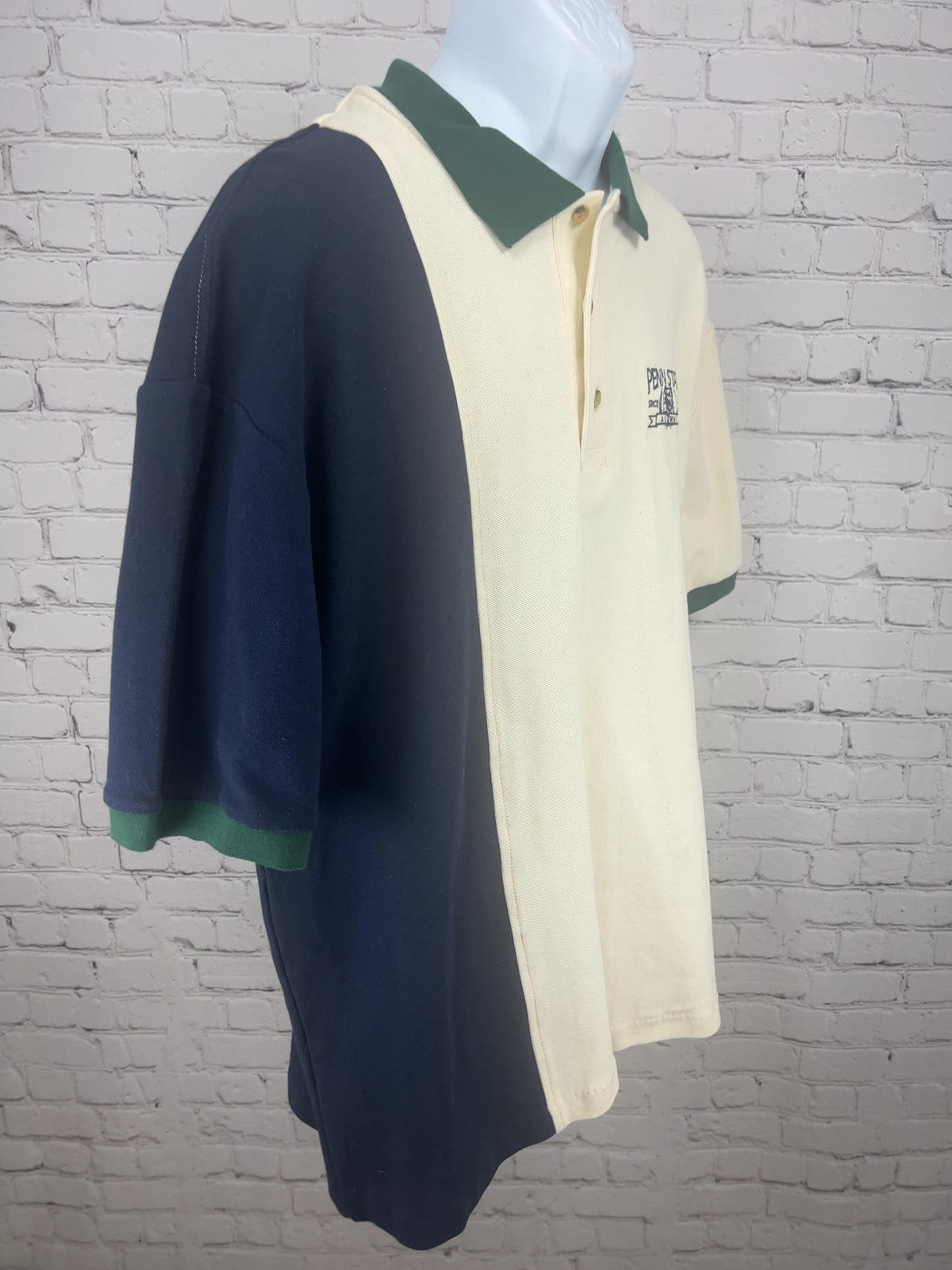 VTG Travaux Penn State Alumni Cream Navy Green Color Block Polo Shirt XL