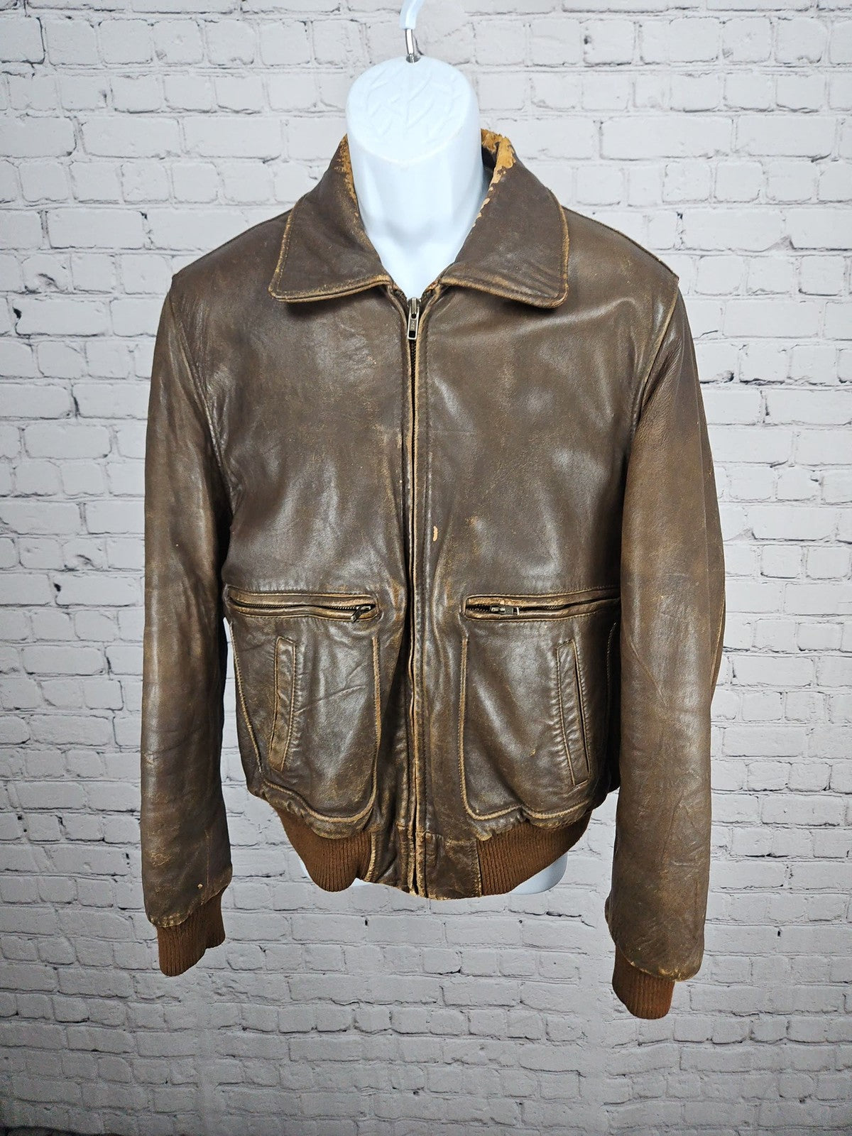VTG Adam Spencer Brown Distressed Leather Zip Bomber Flight Jacket Men's 40