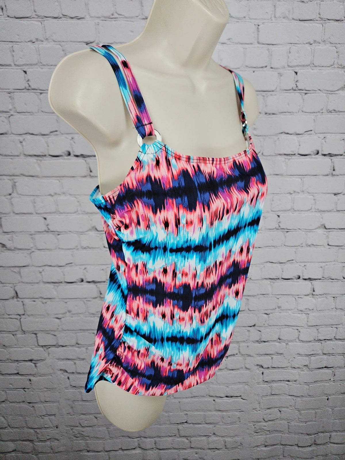 Croft & Barrow Pink Blue Ikat Print Double Strap Ring Padded Tankini Top 14