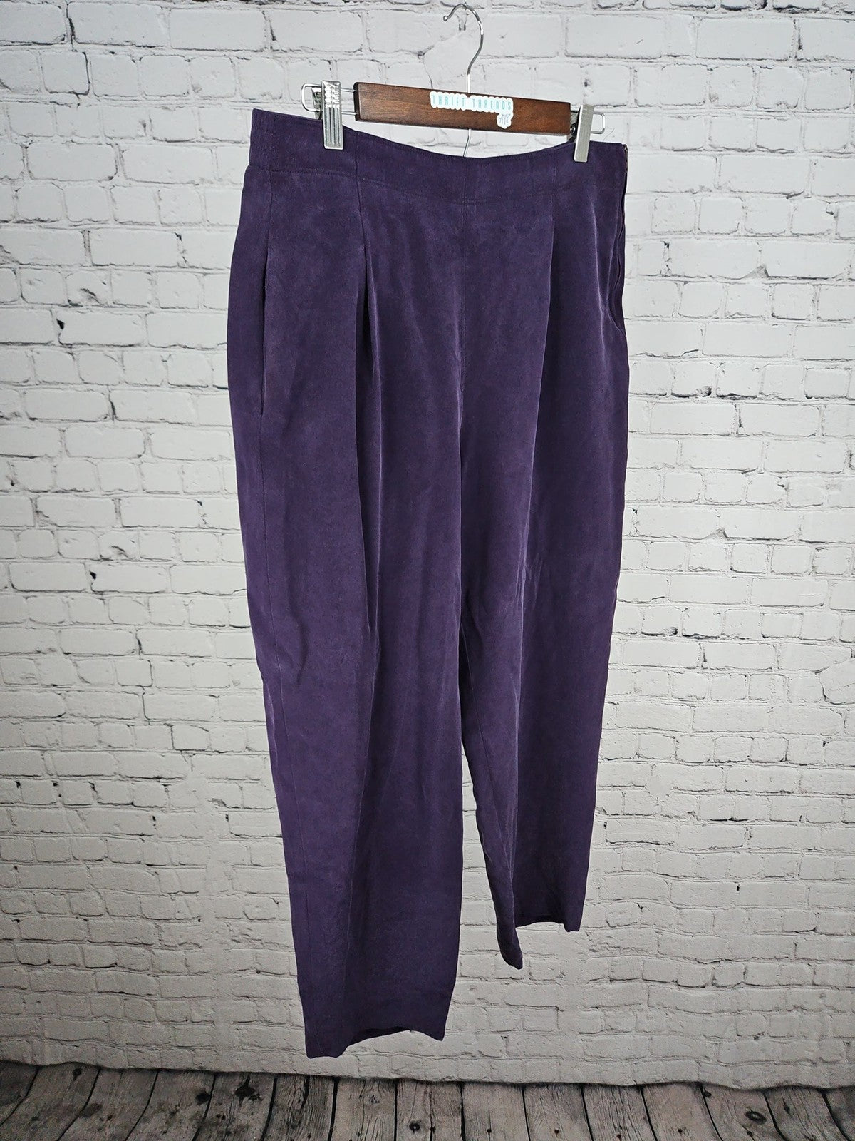 Purple 100% Silk Pleated Side Zip Tapered Pants Women's 14 (32X27)