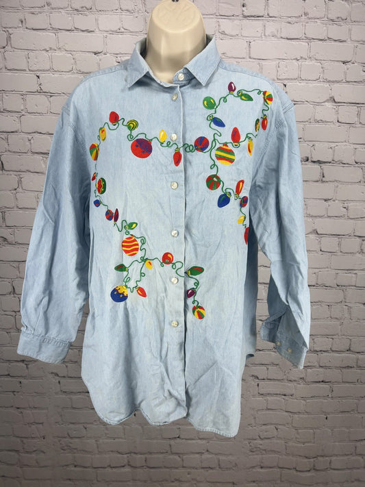 VTG Cambridge Sports Club Christmas Lights Embroidered Denim Shirt Women's L