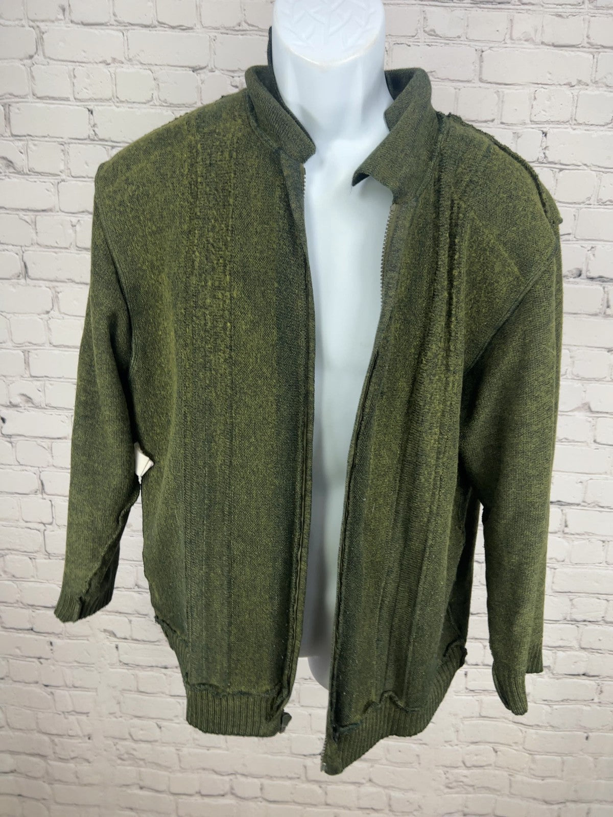 VTG Tabaroni Olive Green Brown Leather Wool Knit Zip Sweater Jacket Italy L