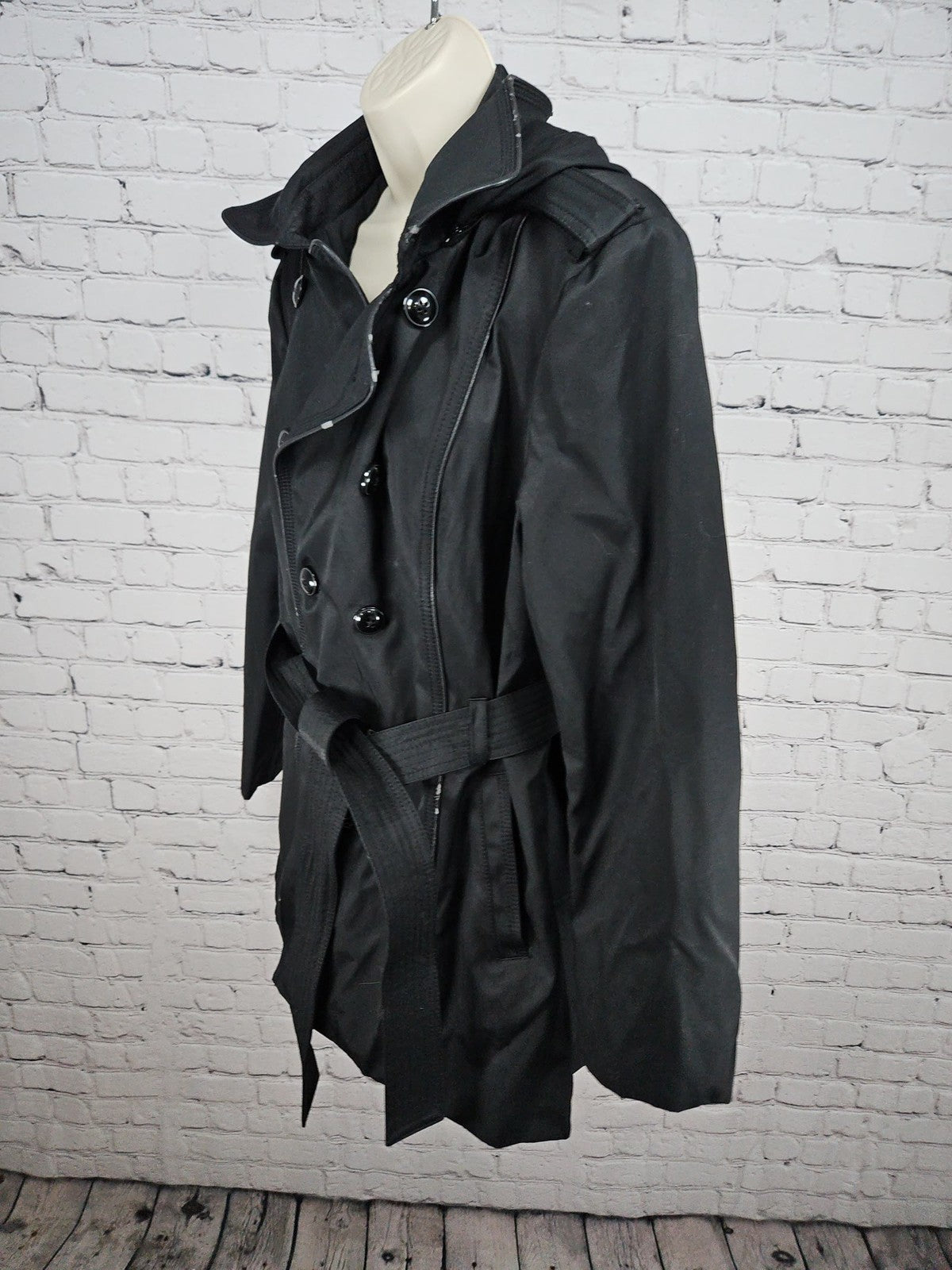 Worthington Black Hooded Double Breasted Belted Trench Coat Women's XL