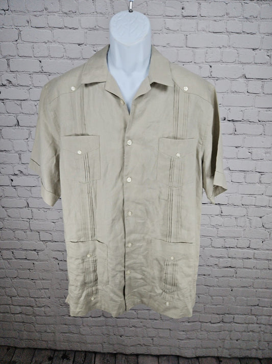 28 Palms Khaki 100% Linen Guayabera Short Sleeve Button Up Shirt Men's L