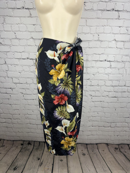 VTG Iolani Black Hawaiian Floral Calla Lily Hibiscus Rayon Wrap Maxi Skirt S
