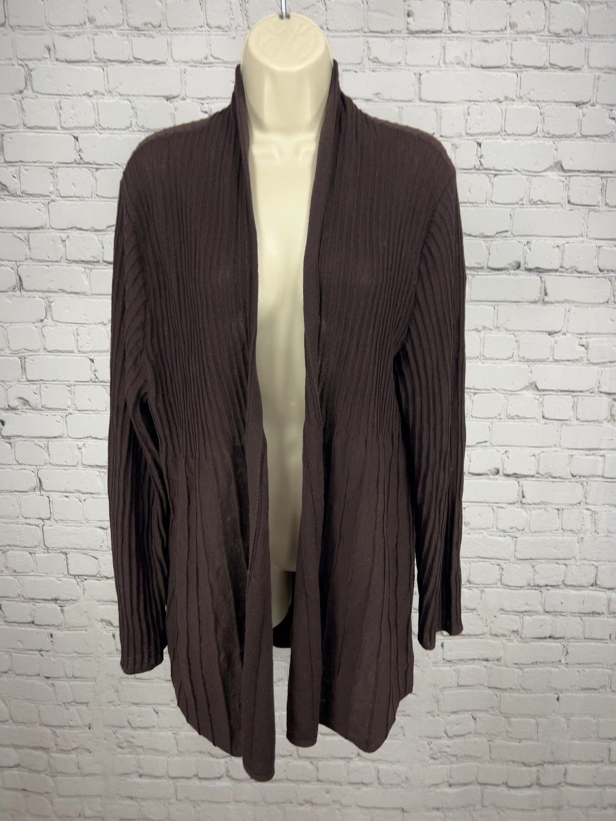 Eileen Fisher Brown Ribbed Knit Open Front Long Sleeve Cardigan Sweater XL