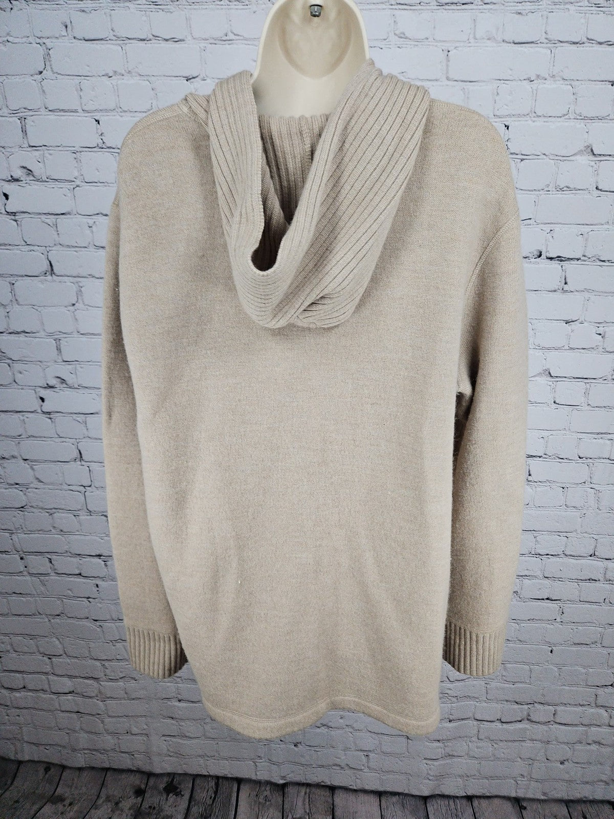 VTG Jones New York Sport Beige 100% Wool Hooded Toggle Cardigan Women's L
