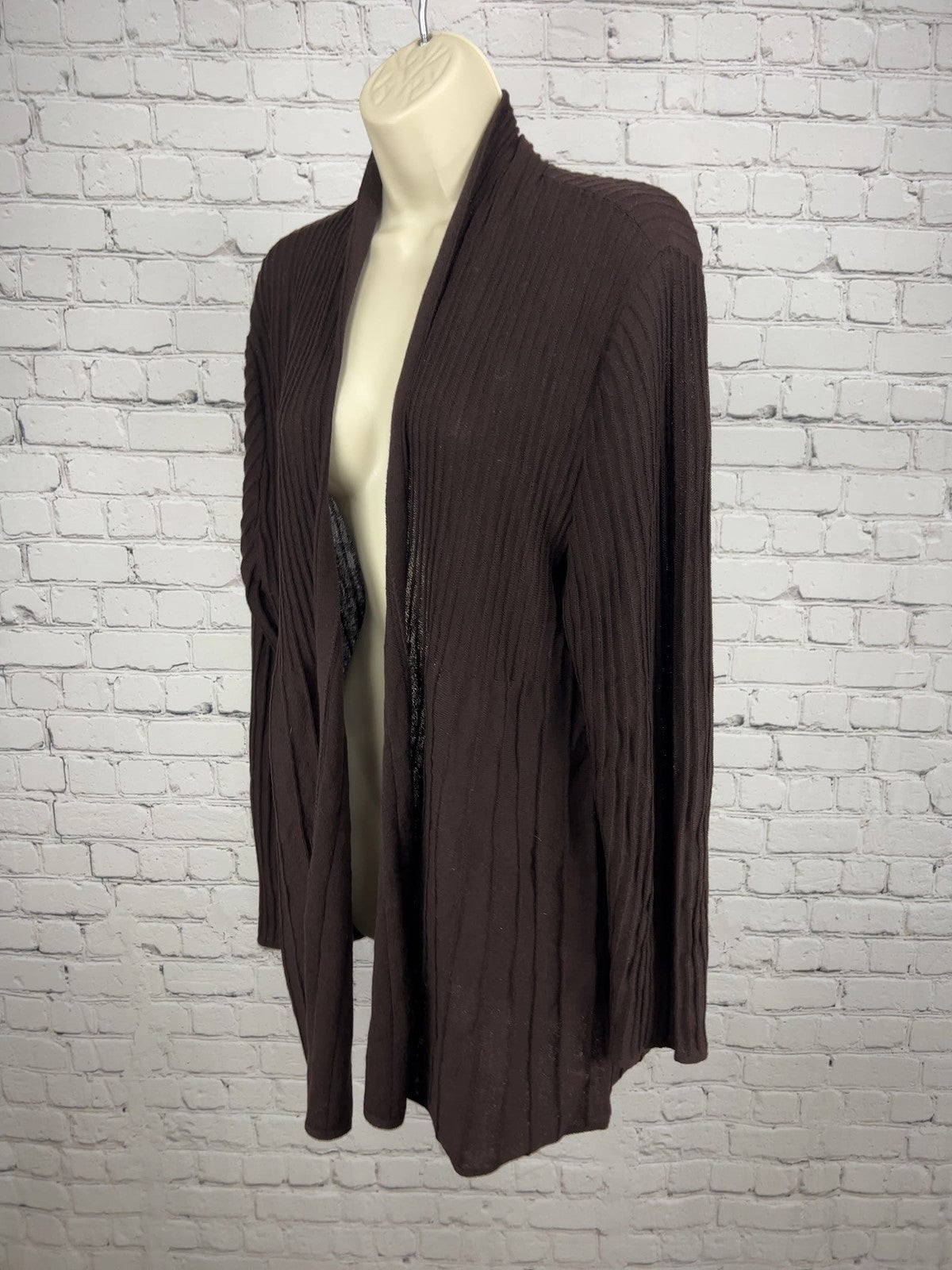 Eileen Fisher Brown Ribbed Knit Open Front Long Sleeve Cardigan Sweater XL
