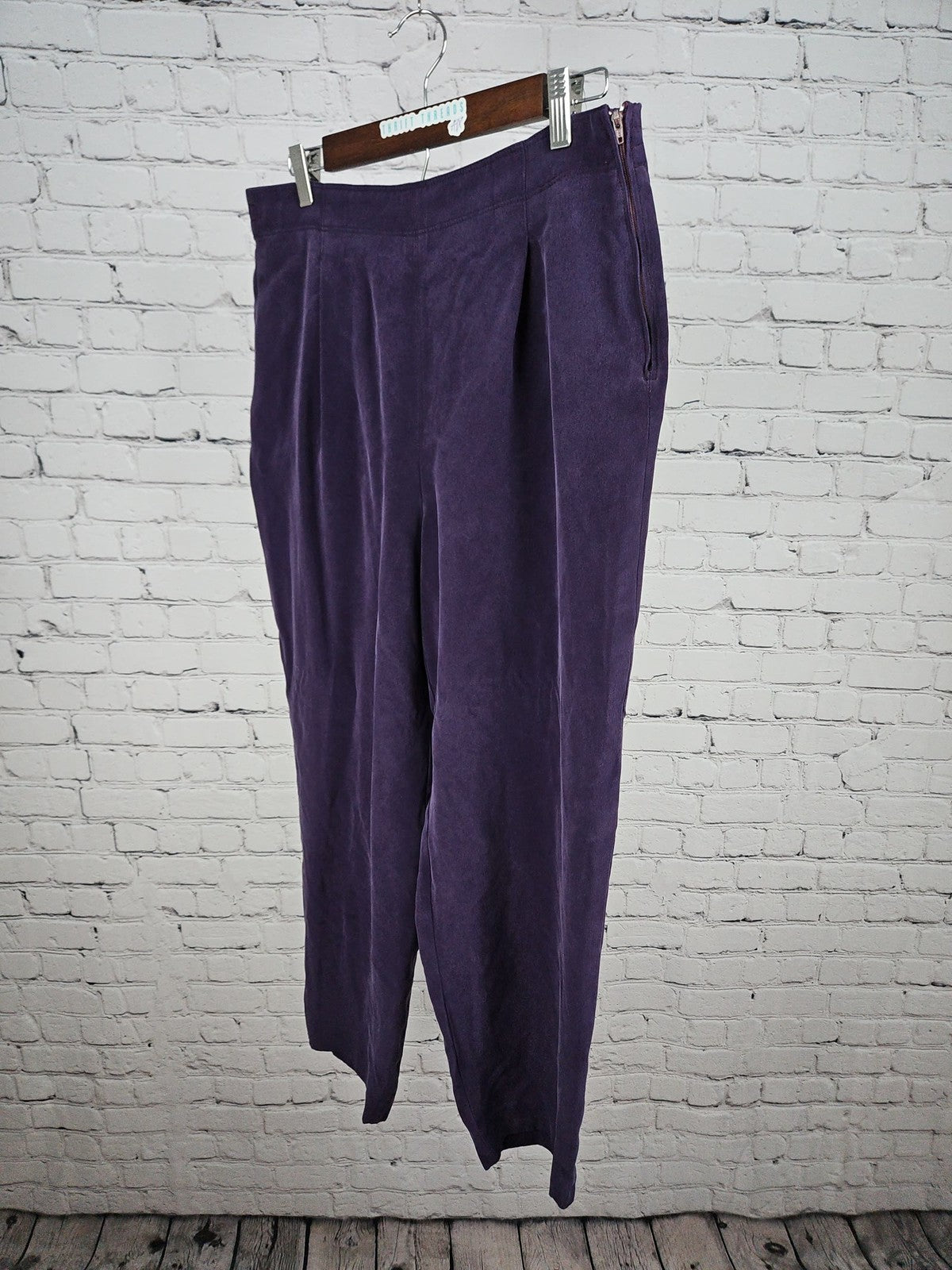 Purple 100% Silk Pleated Side Zip Tapered Pants Women's 14 (32X27)