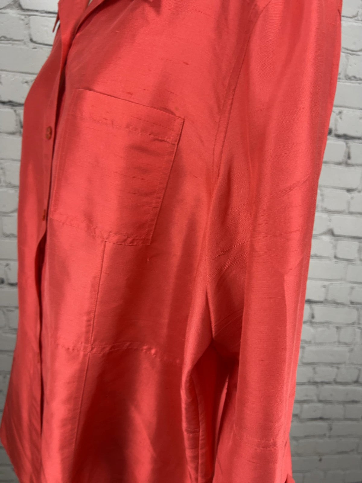 Coldwater Creek Coral 100% Silk Textured Button Up Long Sleeve Blouse XL