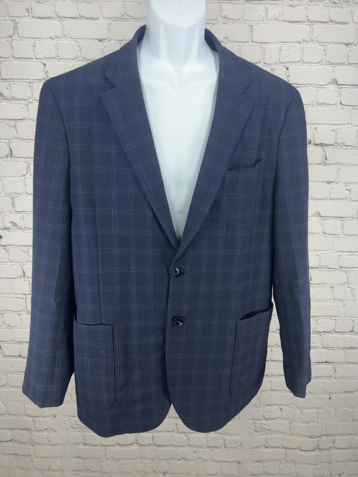 Awearness Kenneth Cole Navy Plaid Seersucker 2 Button Blazer Sport Coat XL