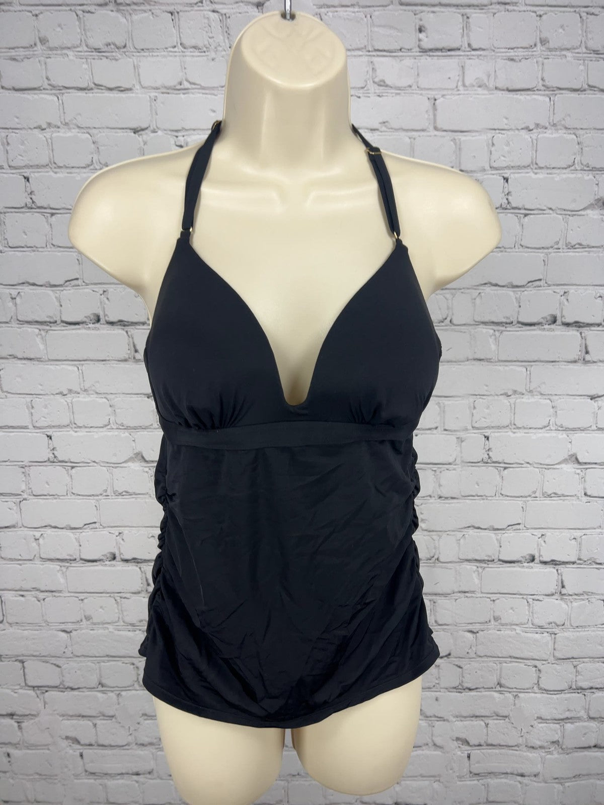 Athleta Black Ruched Strappy Back Halter Tankini Swim Top S