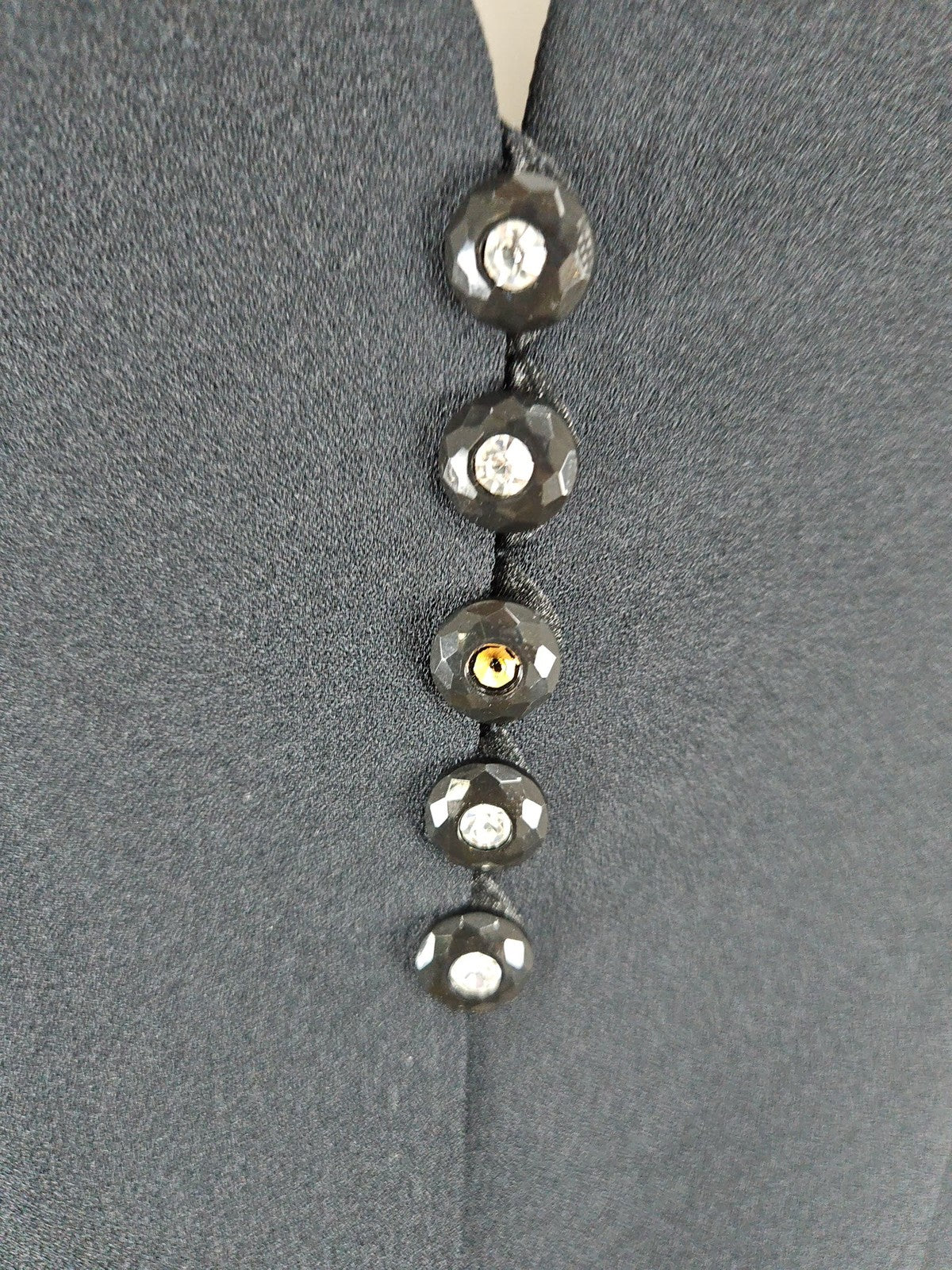 VTG Ever Beauty Black Collarless V Neck Rhinestone Button Women's Jacket 4