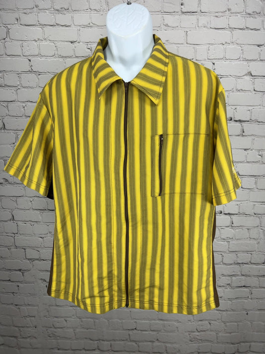 Club Ride Yellow Brown Striped Full Zip Short Sleeve Cycling Shirt USA XL