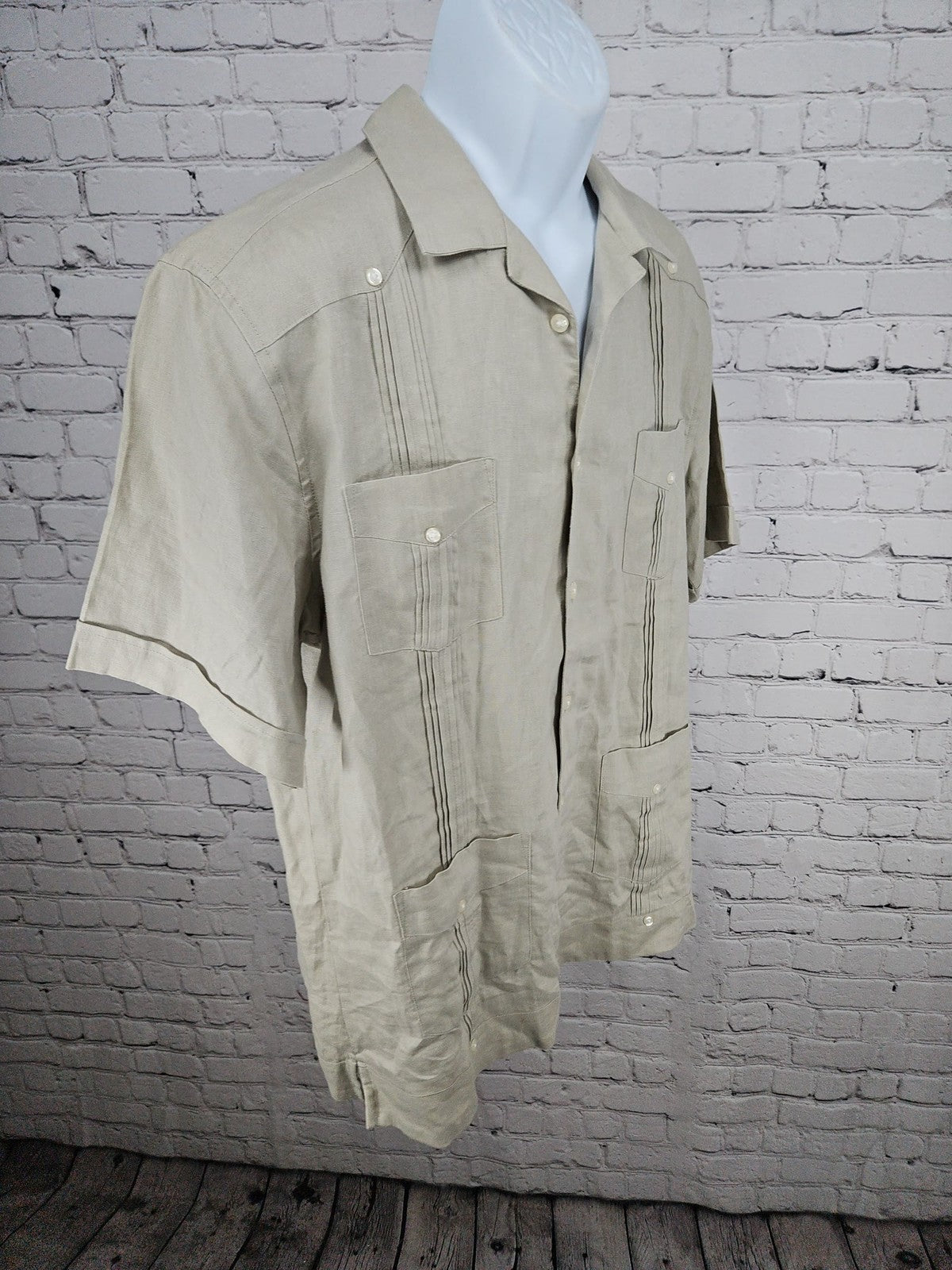 28 Palms Khaki 100% Linen Guayabera Short Sleeve Button Up Shirt Men's L