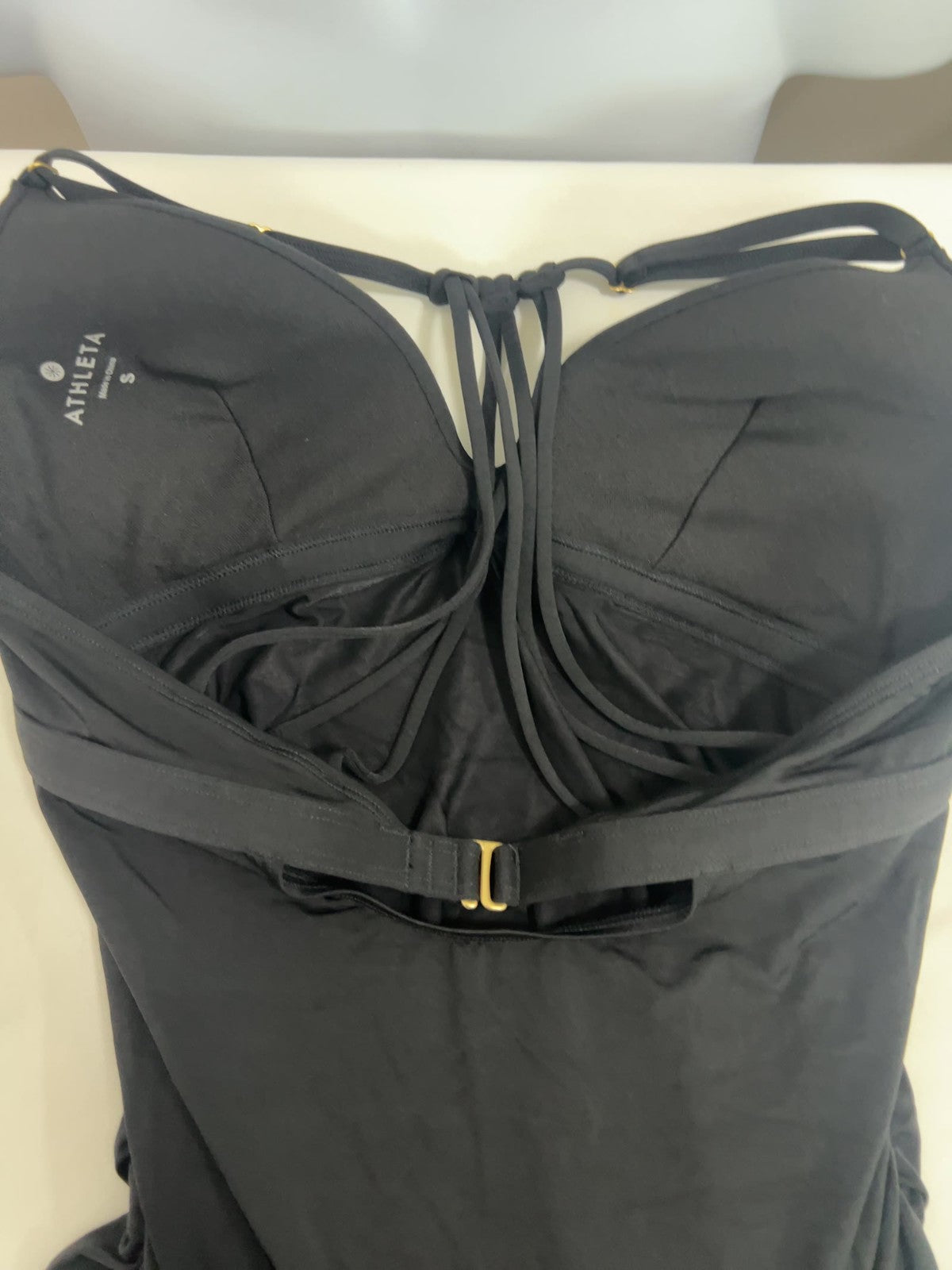 Athleta Black Ruched Strappy Back Halter Tankini Swim Top S