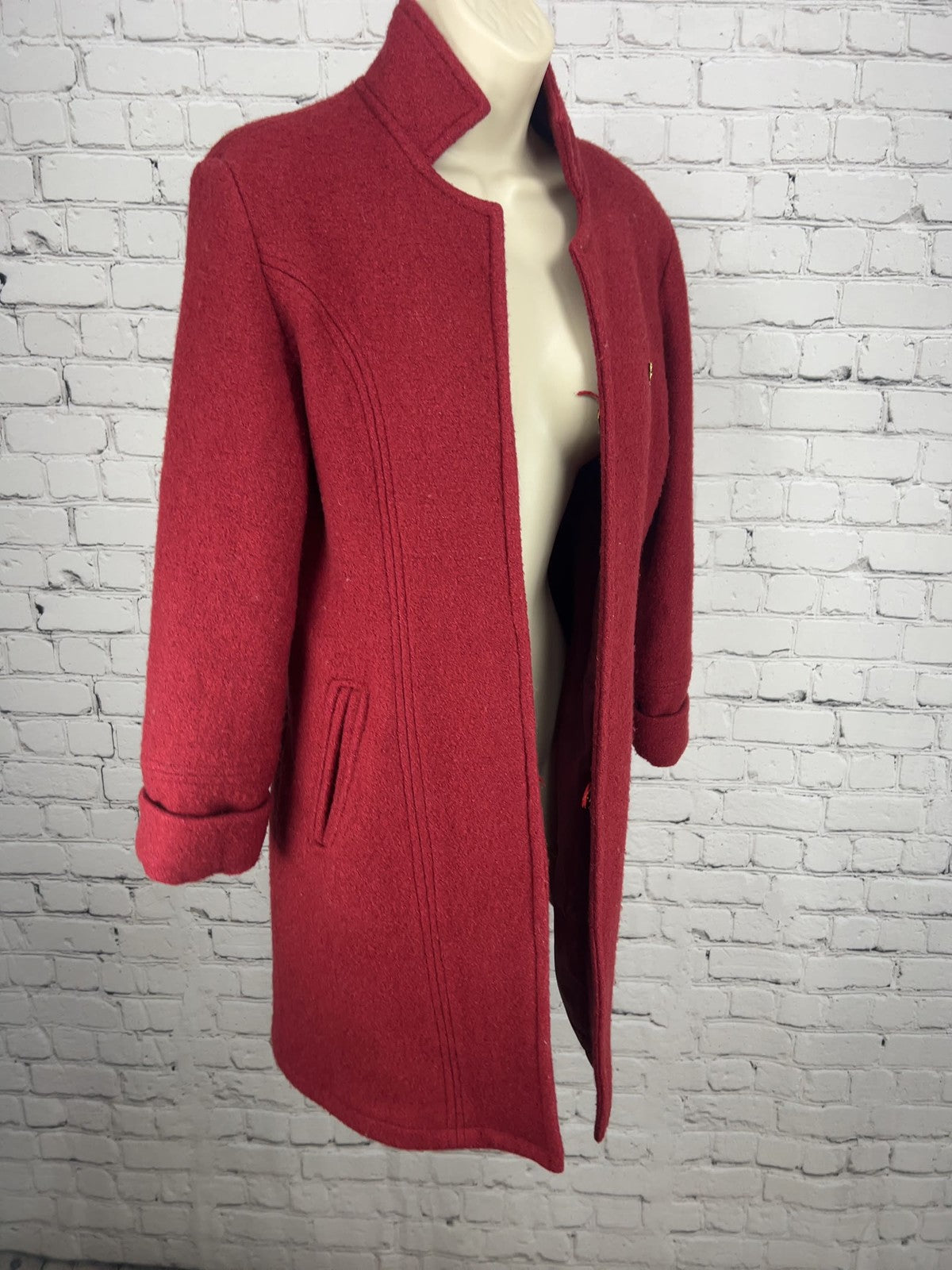 Massimo Dutti Red Boucle Stand Collar Open Front Lined Coat Womens L