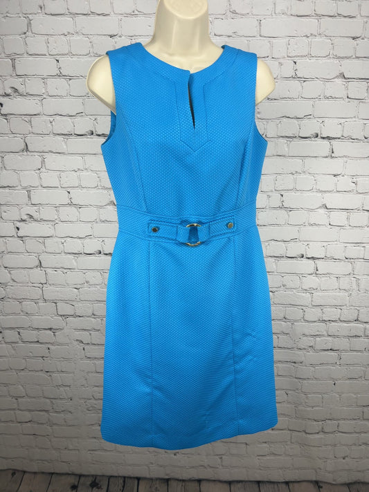 Tahari ASL Blue Textured Sleeveless Gold Ring Belt Lined Sheath Dress 6