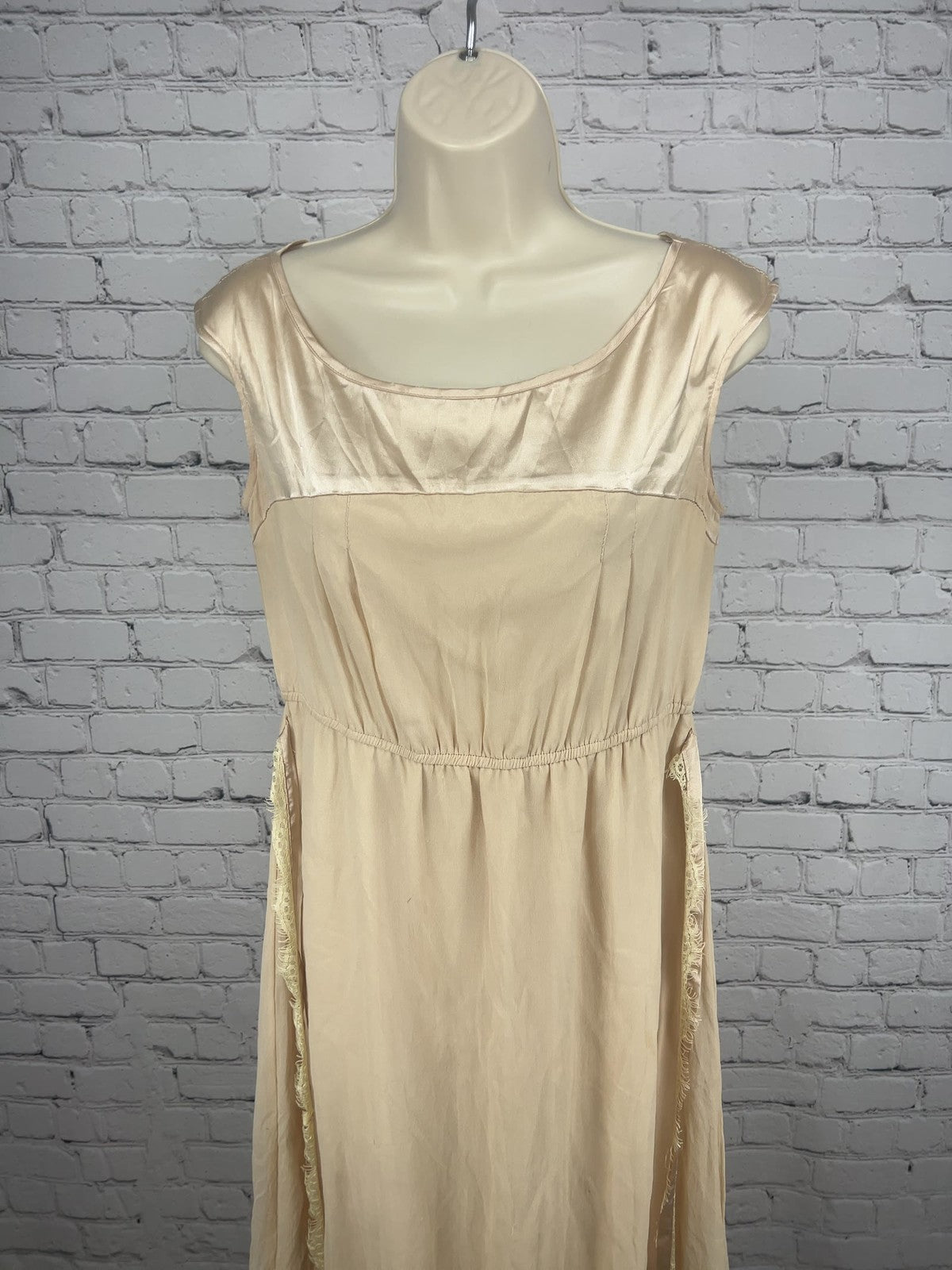 Blush Pink 100% Silk Satin Yoke Sleeveless Bubble Hem Lace Tie Dress M