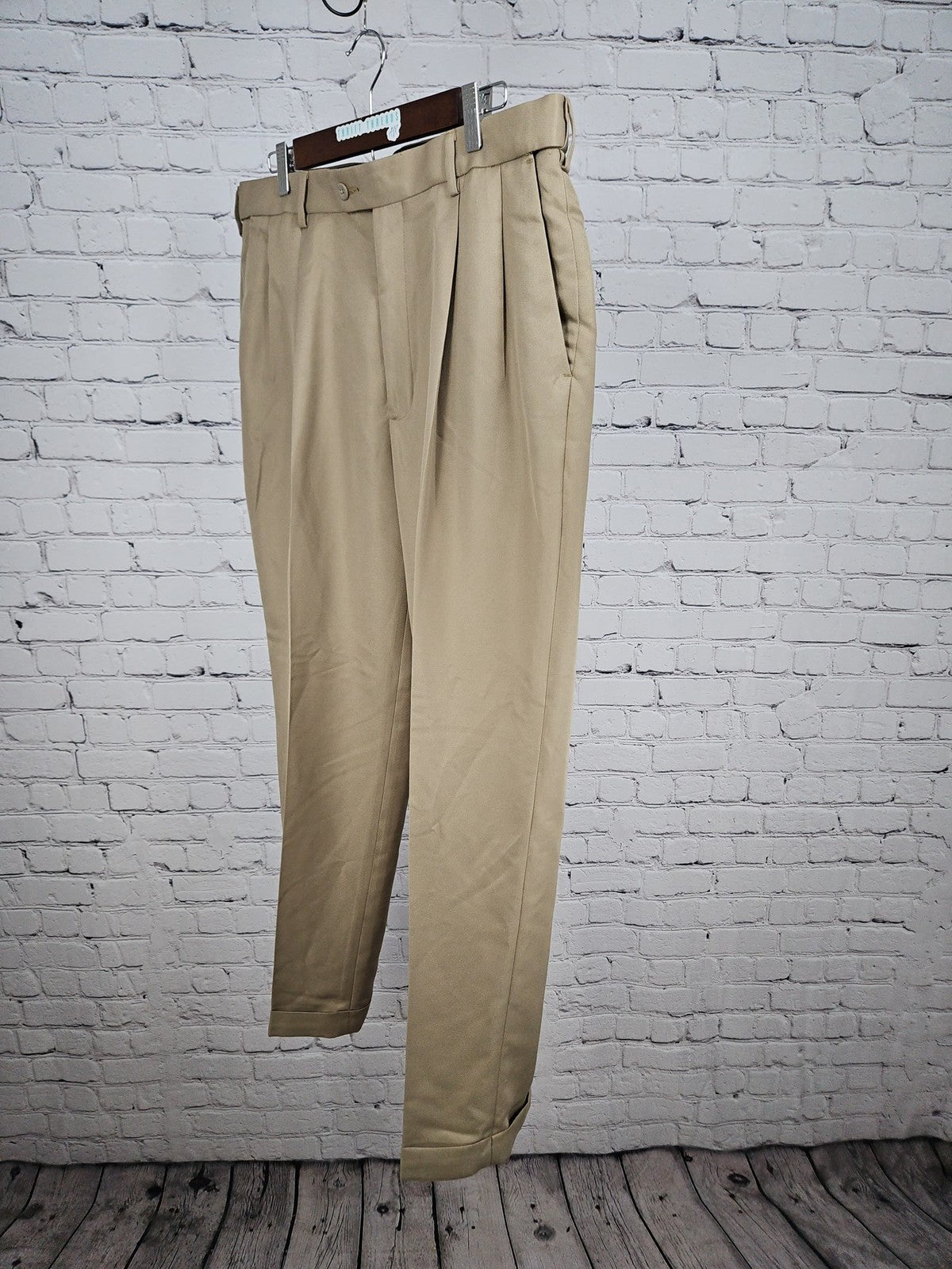 Savane Khaki 100% Polyester Pleated Front Cuffed Dress Pants Mens 36