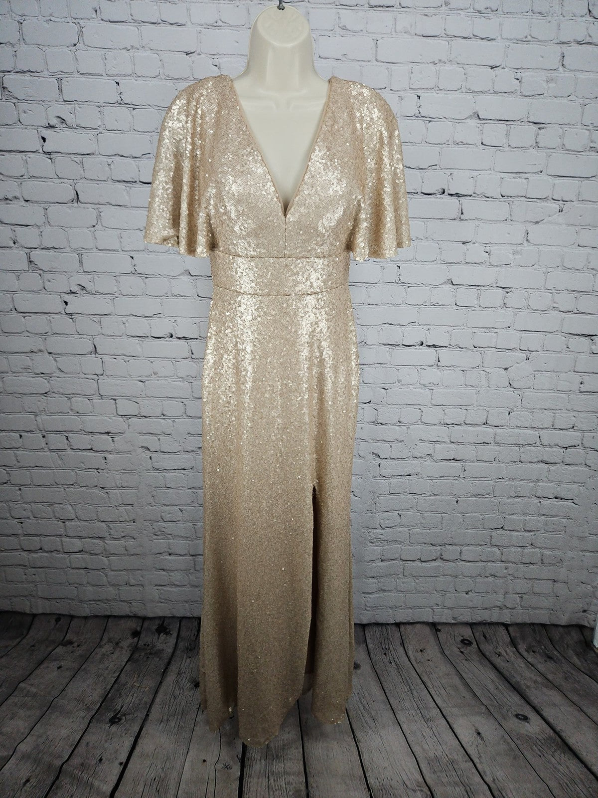Christina Wu Celebration Rose Matte Sequin Flutter Sleeve V Neck Maxi Dress 6