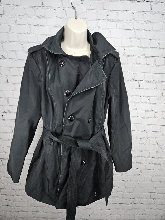 Worthington Black Hooded Double Breasted Belted Trench Coat Women's XL