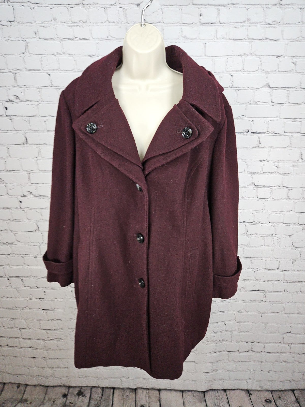 London Fog Burgundy Wool Blend Hooded Button Front Walker Coat Women's XXL