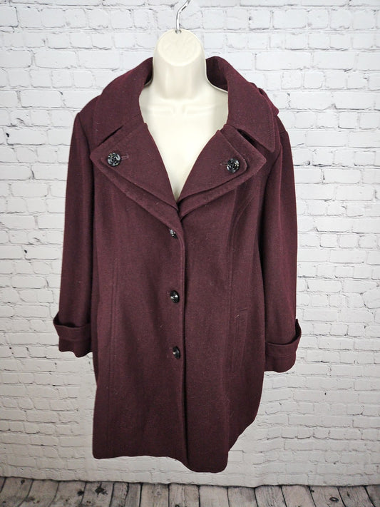 London Fog Burgundy Wool Blend Hooded Button Front Walker Coat Women's XXL