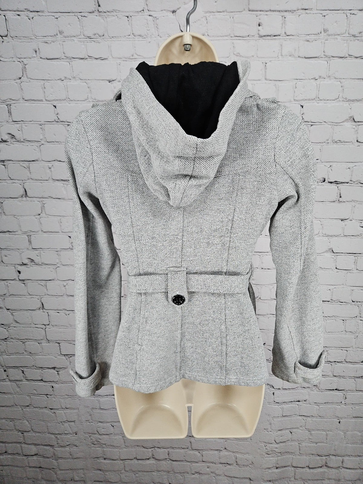 Sebby Gray Hooded Double Breasted Belted Women's Peacoat Jacket S