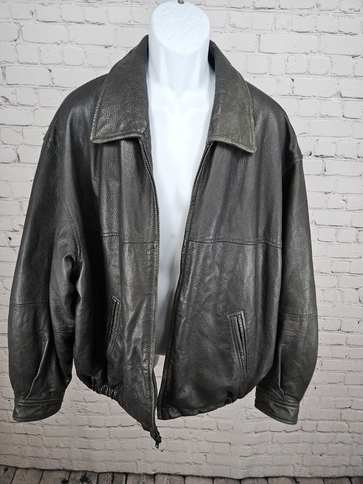 VTG Outbrook Black Genuine Leather Lined Bomber Jacket Zip Front Mens 2X