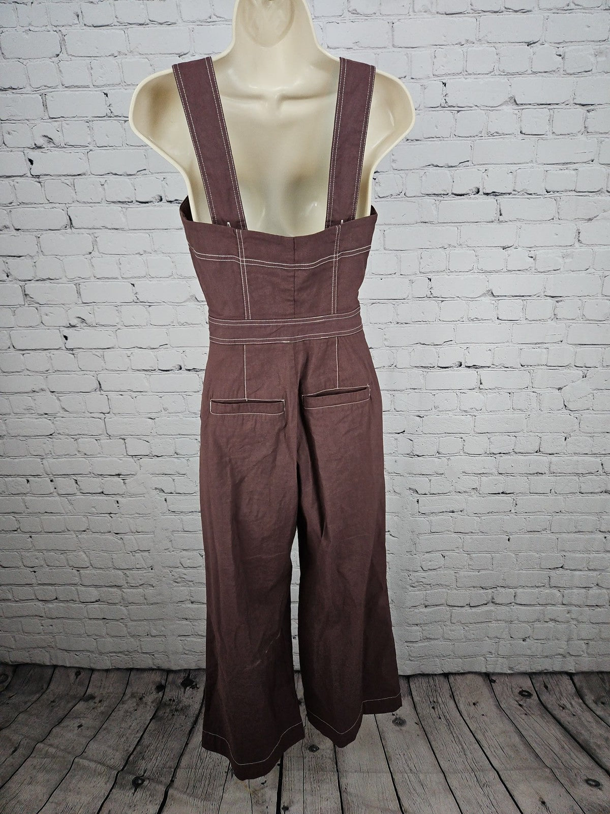 Maeve Anthropologie Colette Brown Contrast Stitch Wide Leg Jumpsuit 0