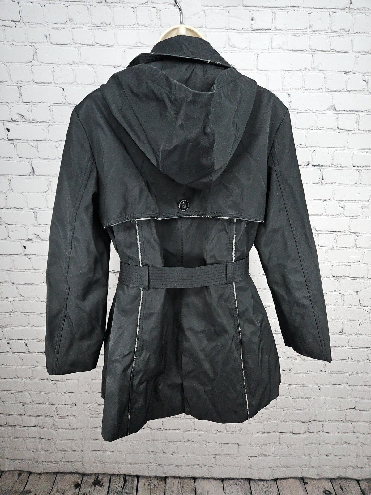 Worthington Black Hooded Double Breasted Belted Trench Coat Women's XL