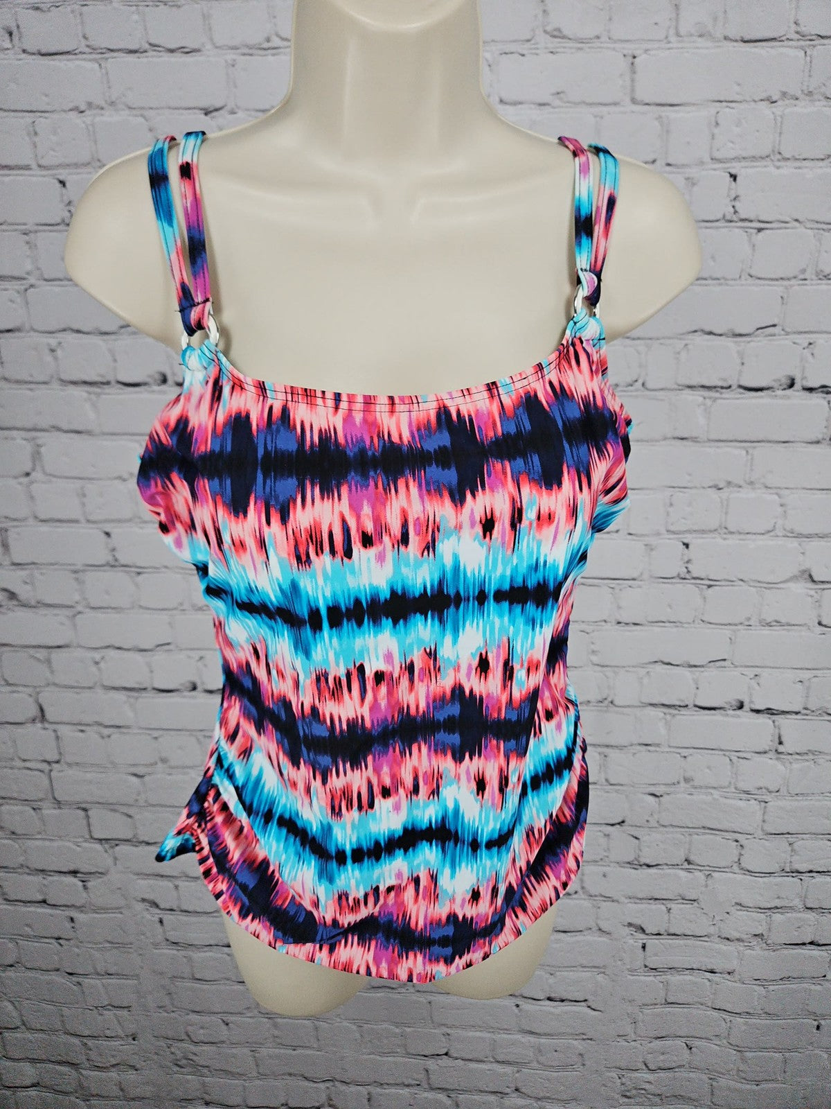 Croft & Barrow Pink Blue Ikat Print Double Strap Ring Padded Tankini Top 14