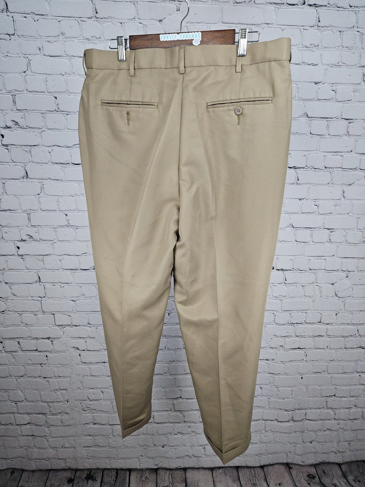 Savane Khaki 100% Polyester Pleated Front Cuffed Dress Pants Mens 36
