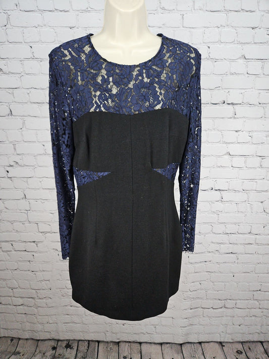 MSGM Navy Floral Lace Black Panel Long Sleeve Sheath Mini Dress IT 46