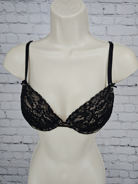 Aerie Black Nude Floral Lace Padded Plunge Underwire Bra Bow Accent 32B