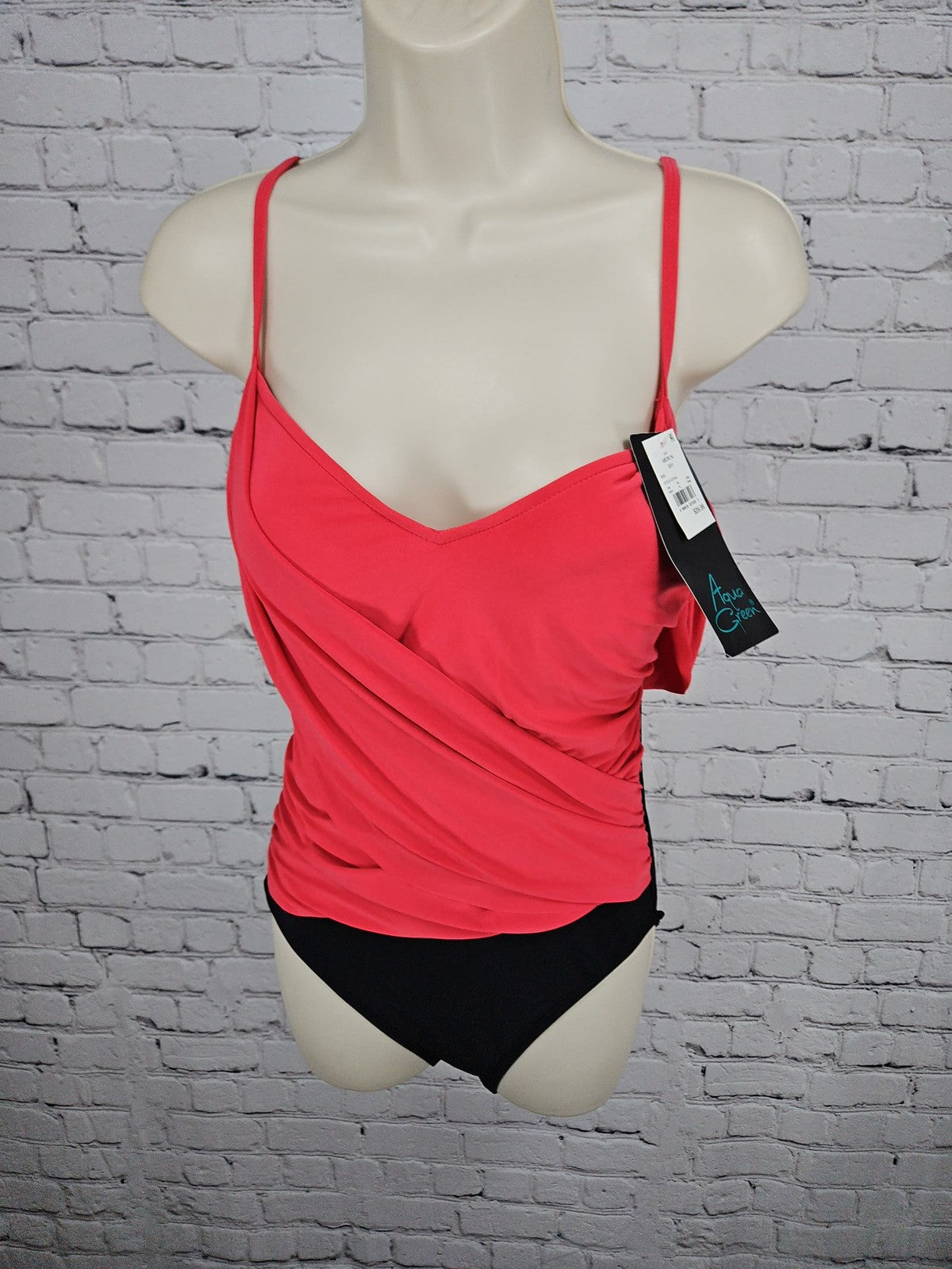 NWT Aqua Green Coral Red Black Draped Wrap One Piece Swimsuit Medium