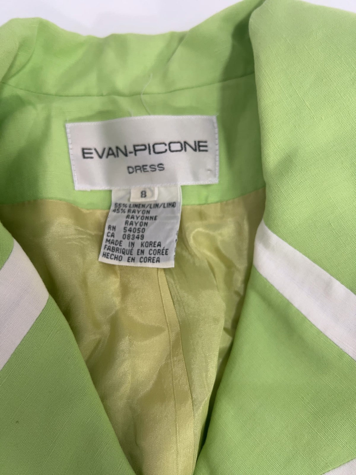 VTG Evan-Picone Lime Green White Trim Linen Blend Short Sleeve Shirt Dress 8