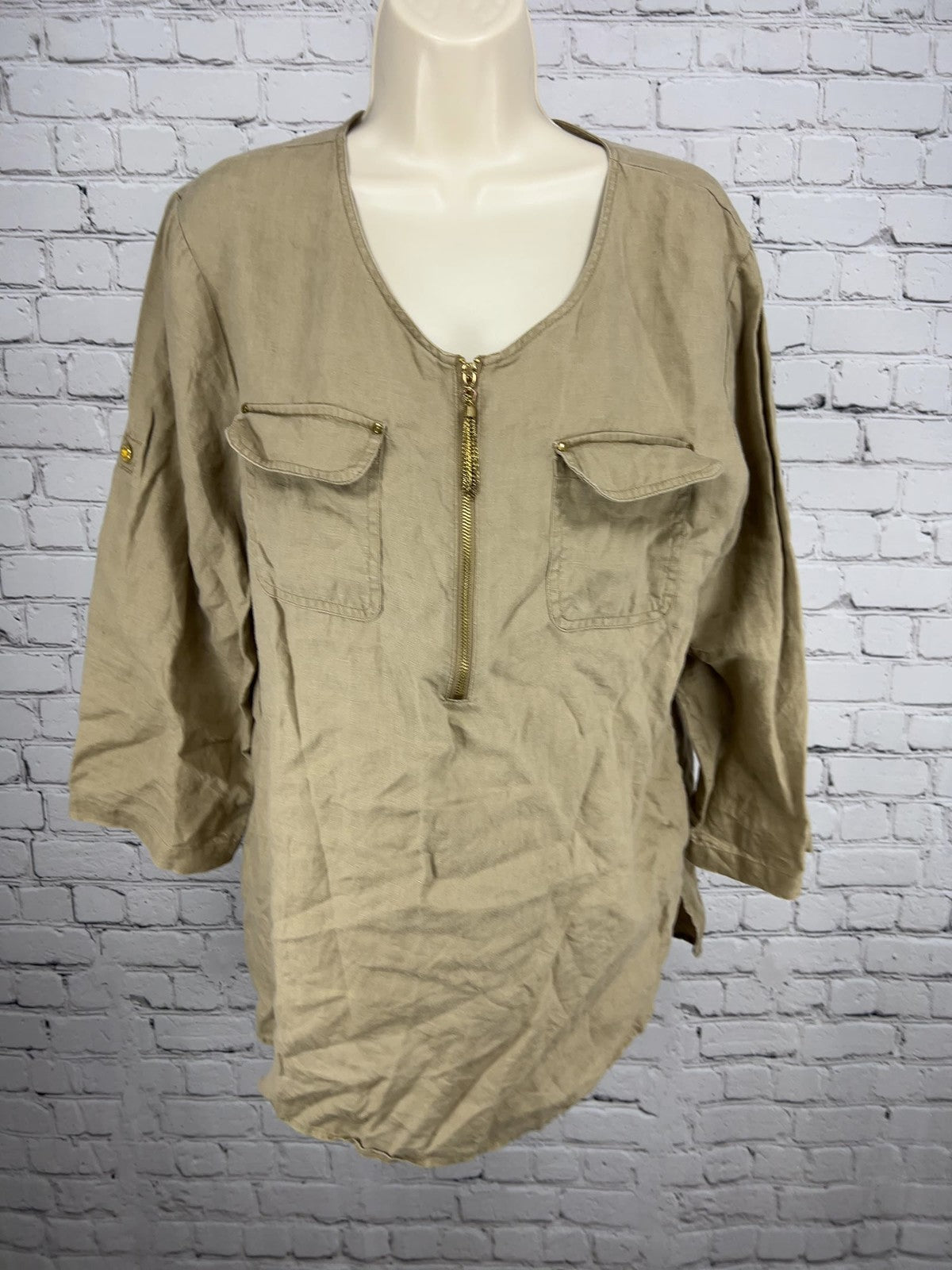 Company Ellen Tracy Flax 100% Linen Half Zip Pocket 3/4 Sleeve Tunic Top L
