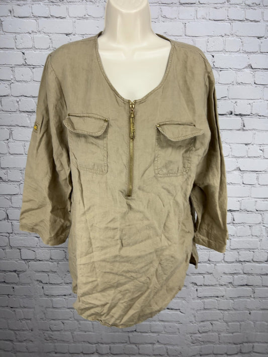Company Ellen Tracy Flax 100% Linen Half Zip Pocket 3/4 Sleeve Tunic Top L