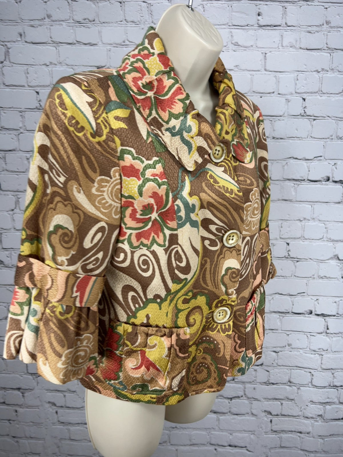 Lafayette 148 New York Petite Brown Floral 3/4 Sleeve Button Front Jacket 6