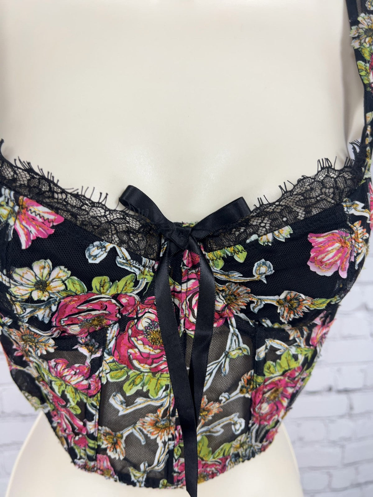 Victoria's Secret Dream Angels Black Floral Mesh Lace Corset Bustier 32C
