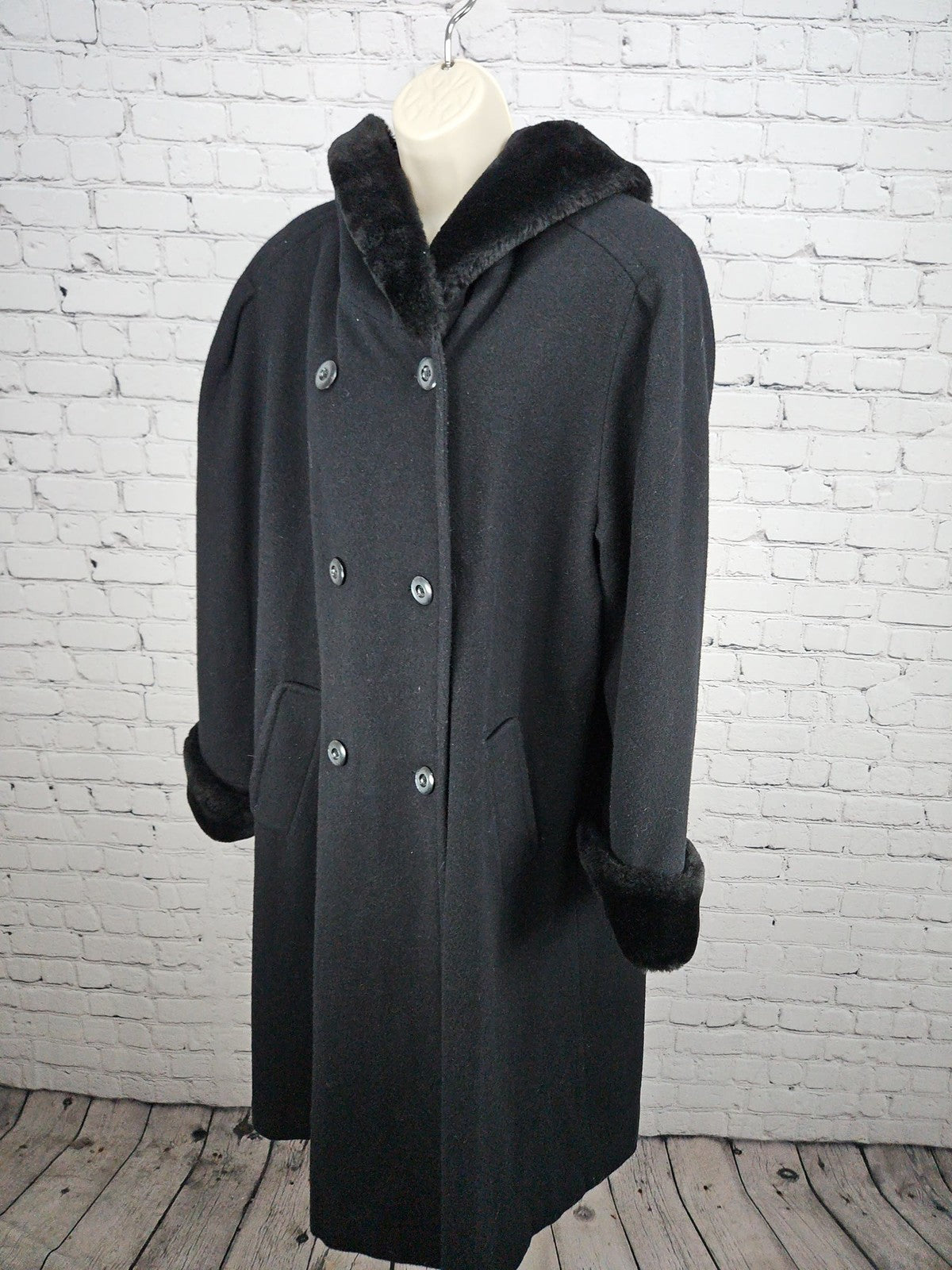 VTG Charles Klein Black 100% Wool Faux Fur Hooded Double Breasted Coat 20WP